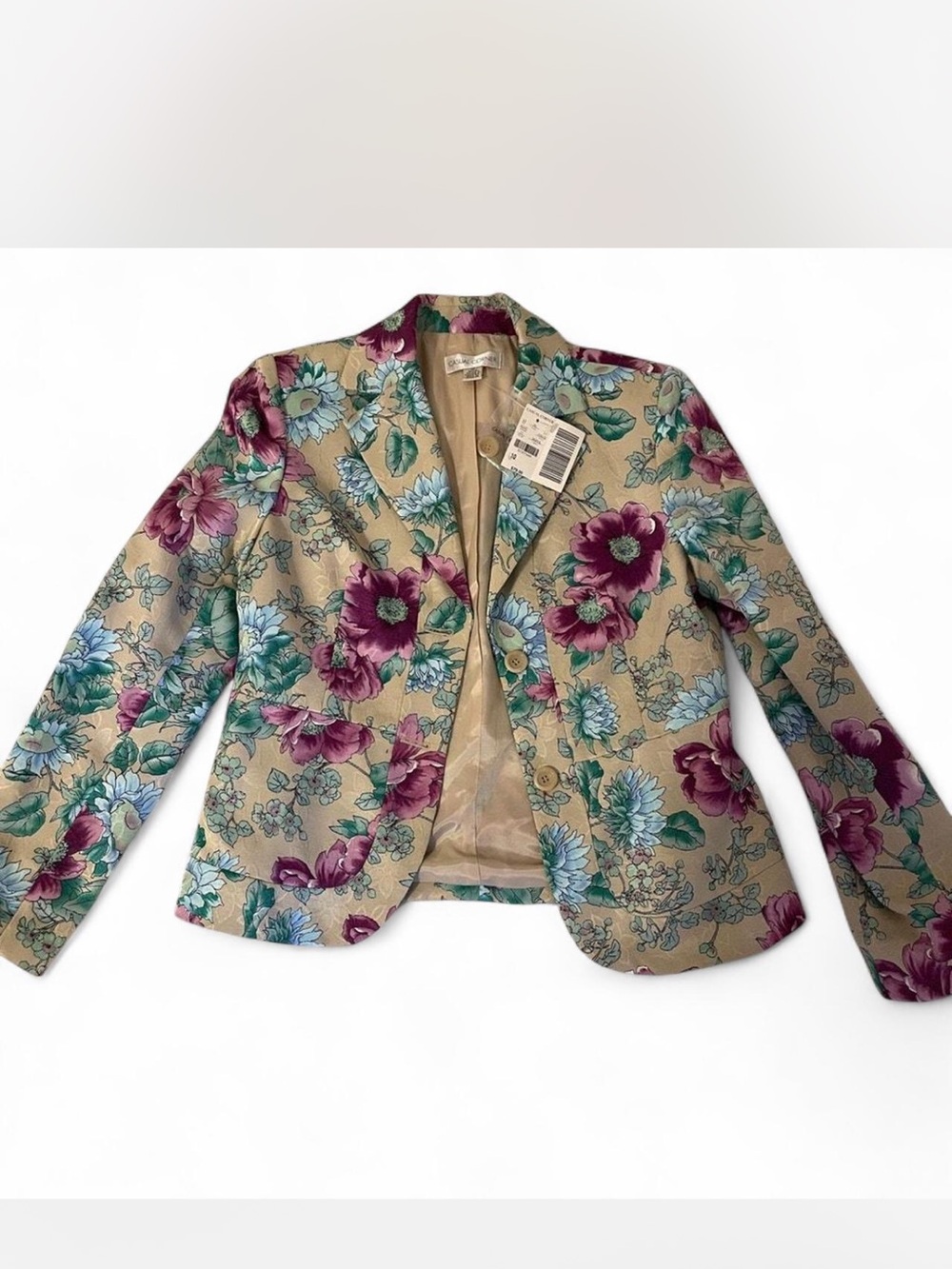 VINTAGE CASUAL CORNER Floral Tailored Blazer - Beige with Purple & Teal NWT